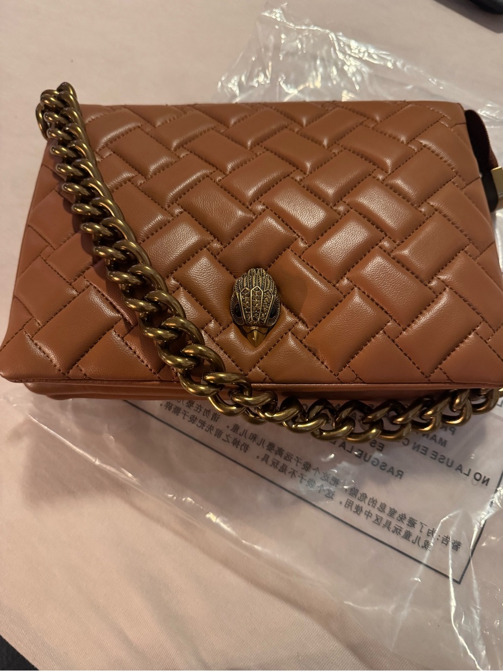 Kurt Geiger Quilted Tan Leather Crossbody with Brass Chain